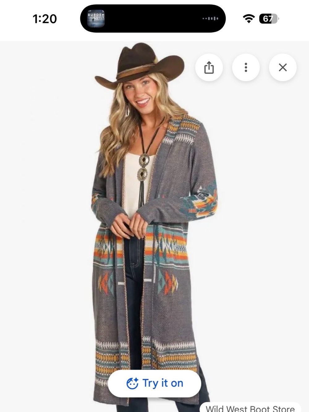 Long Open-Front Aztec Cardigan Sweater in Gray with Multicolor Accents